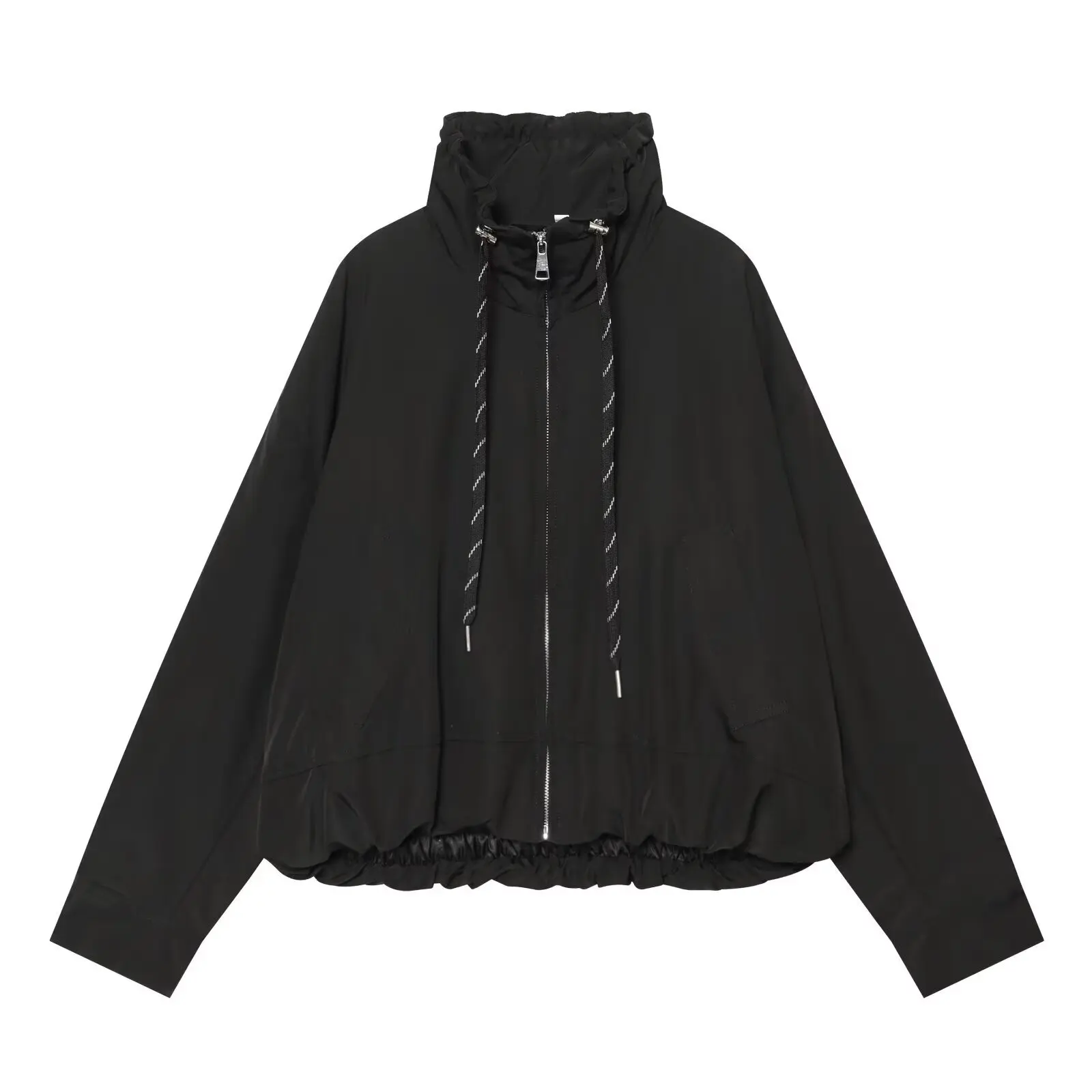 BSAY 2026 Autumn Minimalist Women High Neck Zip Up Jacket Ruffle Collar Drawstring Hem Long Sleeve Loose Solid Daily Outerwear