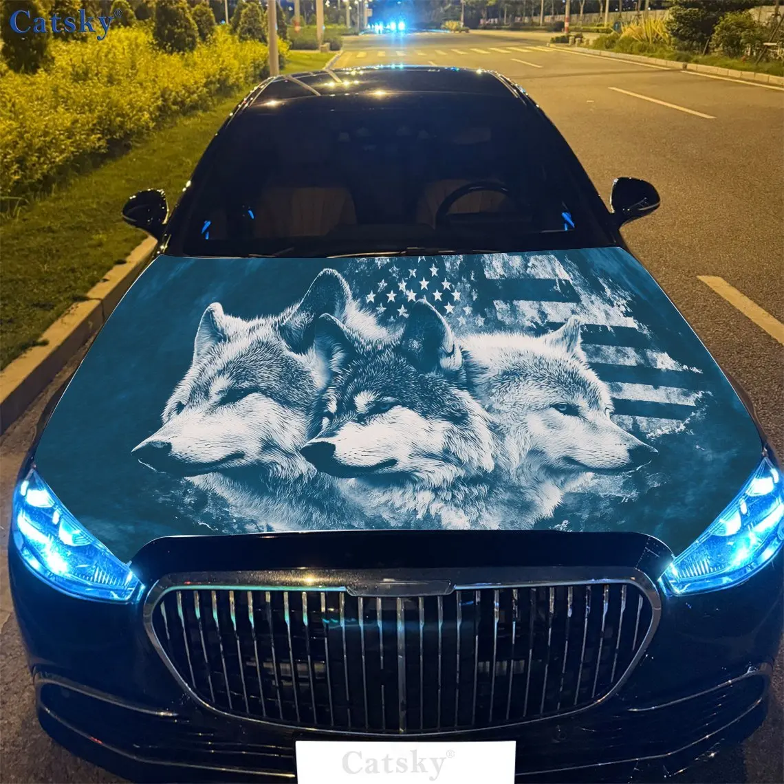 

American Flag Design Wolves Car Hood Vinyl Wraps Sticker, Auto Decal, Waterproof Self-adhesive Vehicle Decal, Anti-scratch Auto