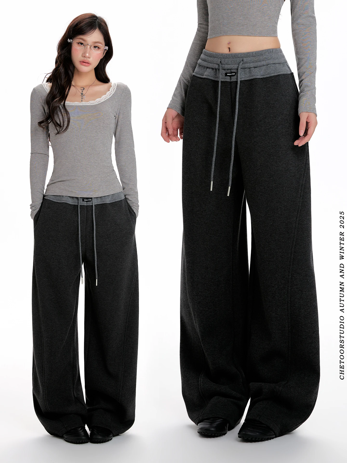 

High Waist Dstring Fce Wide Leg Pants Women's Bla Drapey Casual Trousers Spor Sle Winter Collection