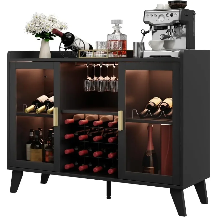 Bar Cabinet with LED Lights for Wine Storage, Black Acrylic Doors, Modern Illuminated Design view 3