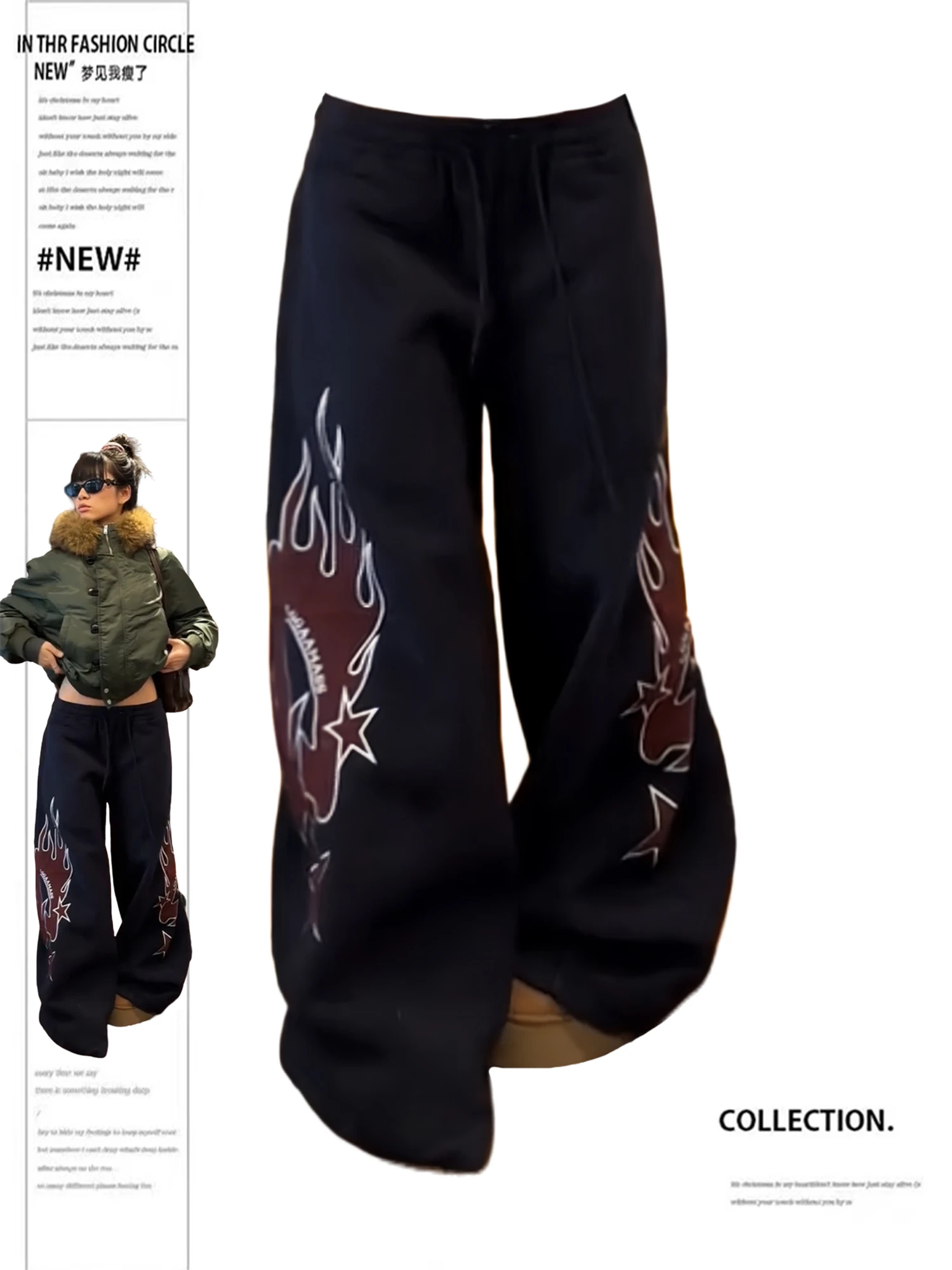 

Women's Navy Blue Wide Leg Pants Flame Star Print Drawstring Waist Loose Casual Streetwear Y2K Fashion Trousers