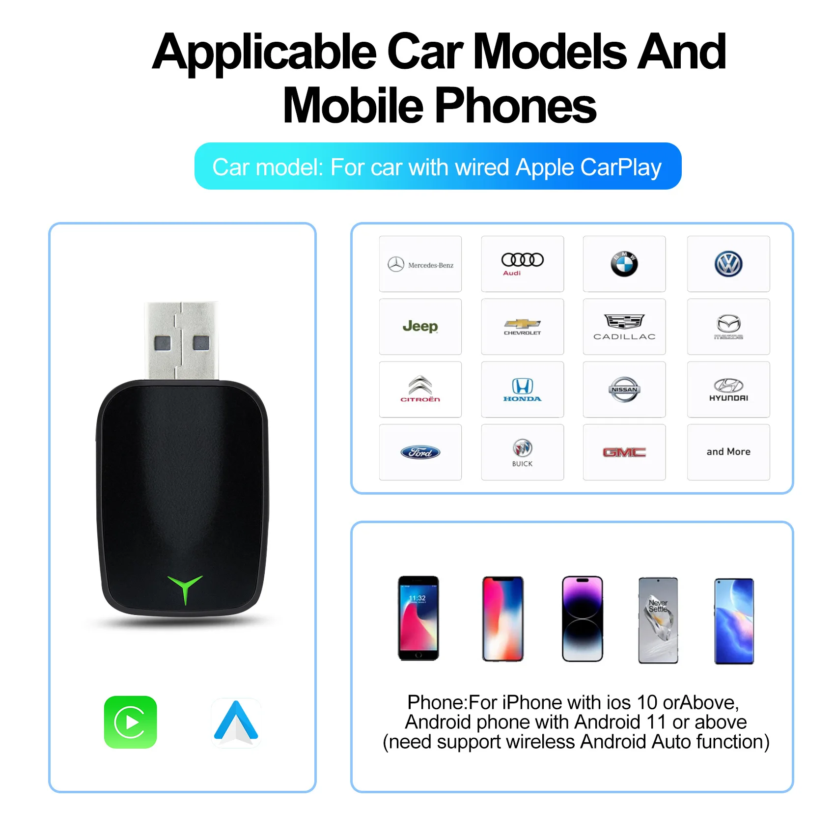 Mini Wireless Carplay Adapter Android Auto AI Smart USB Dongle 2 in 1  WiFi Fast Connect for Benz Chevrolet Ford Honda Toyota