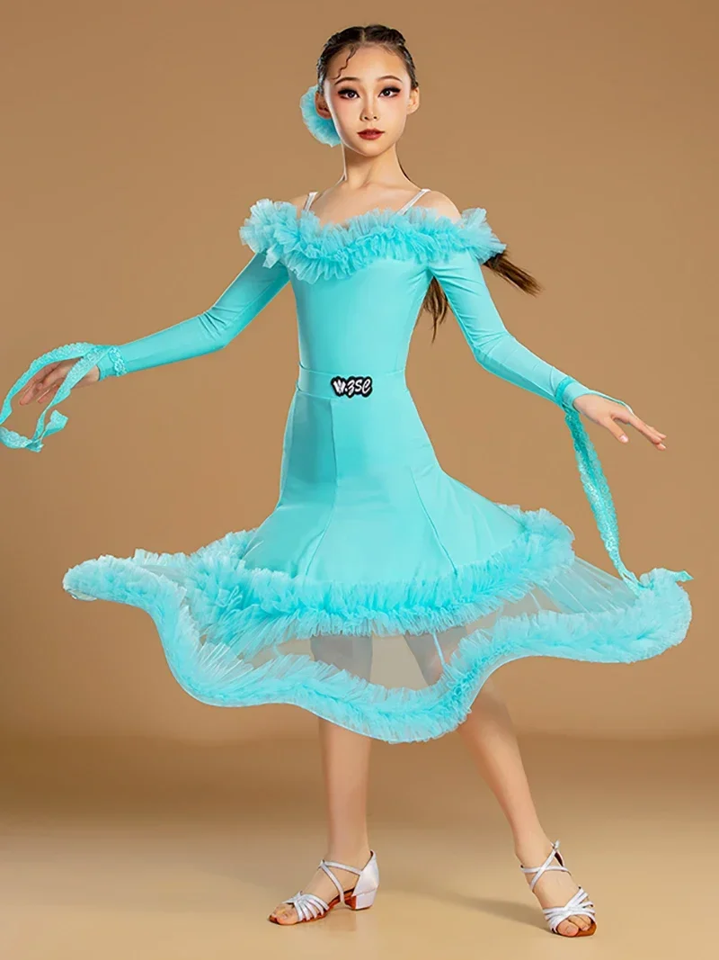 Kids Girls Waltz Tango Ballroom Dance Professional Training Dresses Bodysuit and Mesh Ruffles Skirts Modern Dancing Costumes