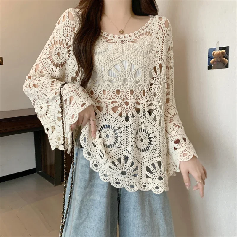 

Summer Beach Vacation Loose Women Sunscreen Shirt Fashion Casual Retro Hollowed Out Crochet Knit Shirt