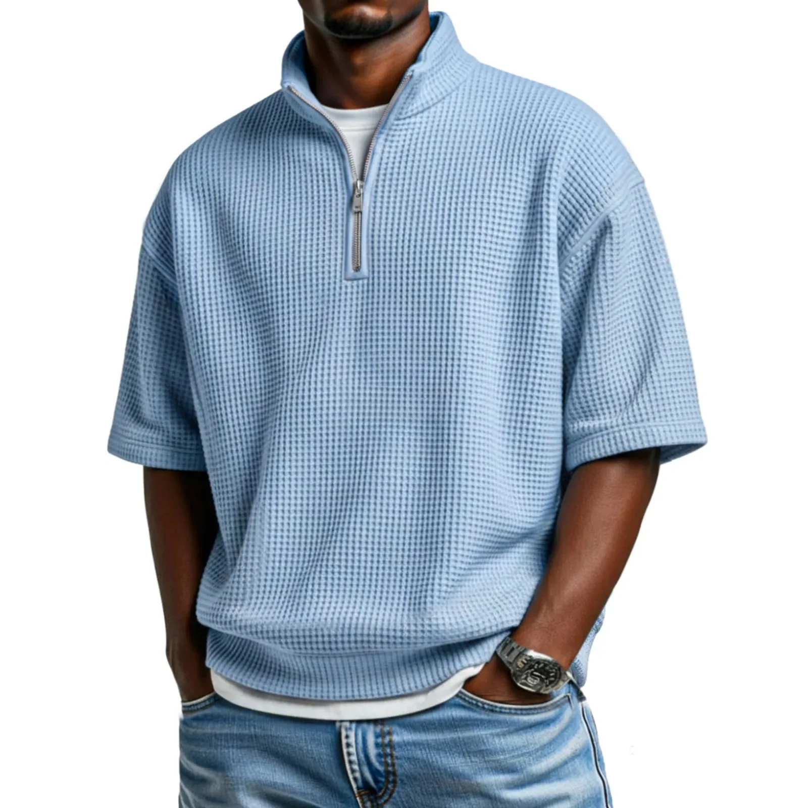 Summer Men's Stand-up Collar Solid Color Casual T-shirt Fashion Sports Loose And Versatile Men's Short Sleeves
