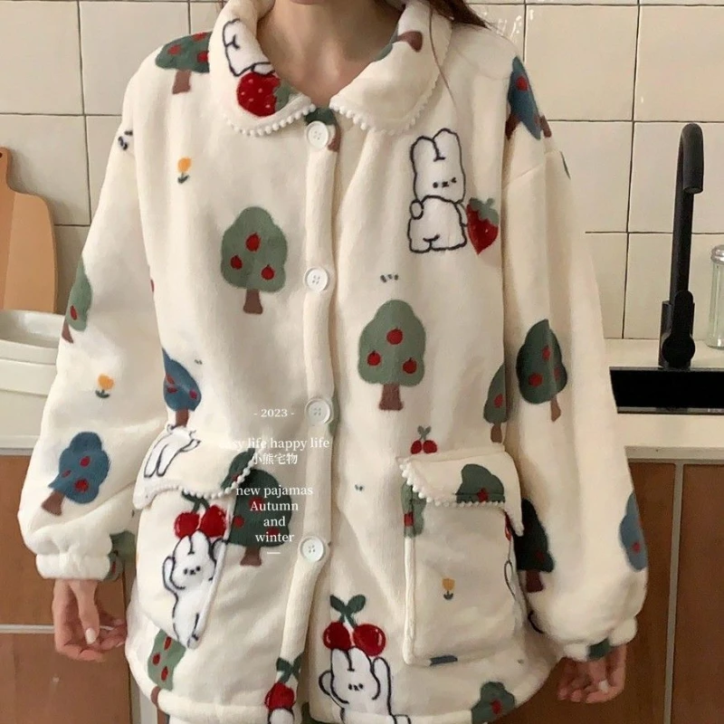 Korean Fashion Kawaii Coral Velvet Pajamas Sets Fall Winter Loose Casual Warm Homewear Cute Christmas Rabbit Sleepwear for Women