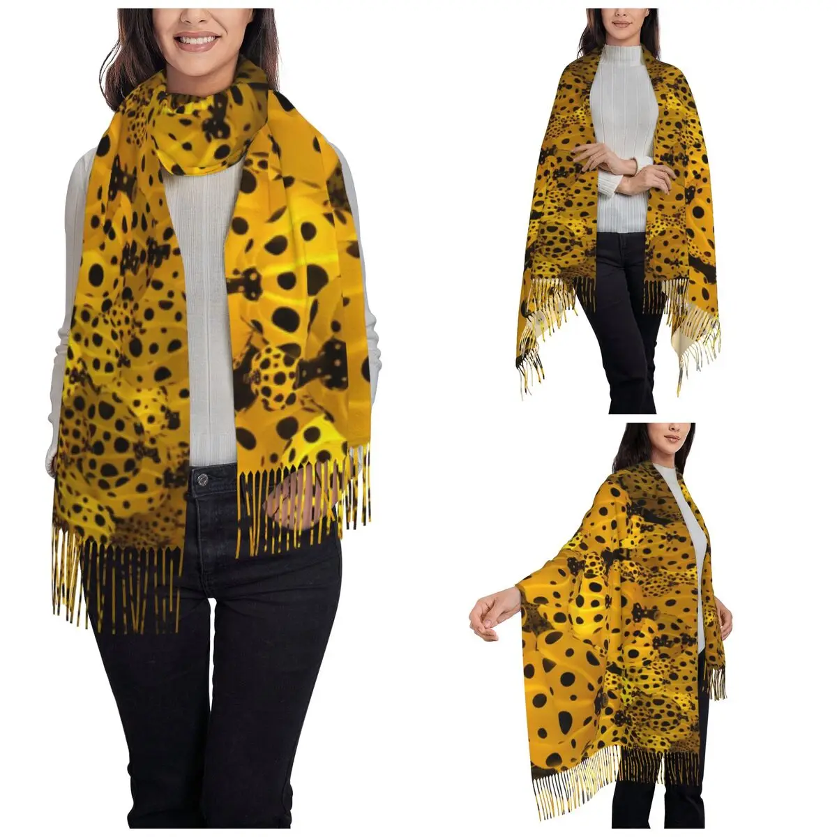 Pumpkin With Dots Shawl Wrap Womens Winter Warm Single-sided Pattern Scarf Yayoi Kusama Neckerchief Tassel Scarves