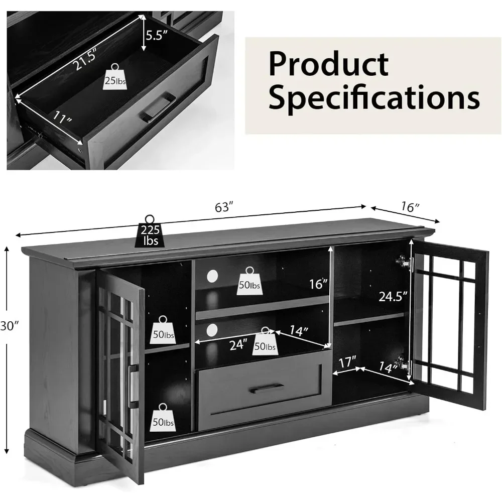 TV Stand for TV up to 70 Inch, Tall Media Console Table w/2 Glass Doors, Entertainment Center w/Cubbies & Drawer