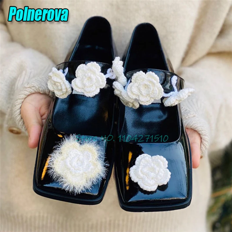 Golden Square Toe Mary Jane Shoes for Women Flower Decor Strap Soft Leather Shallow Pumps Spring Summer New Flats Casual Shoes