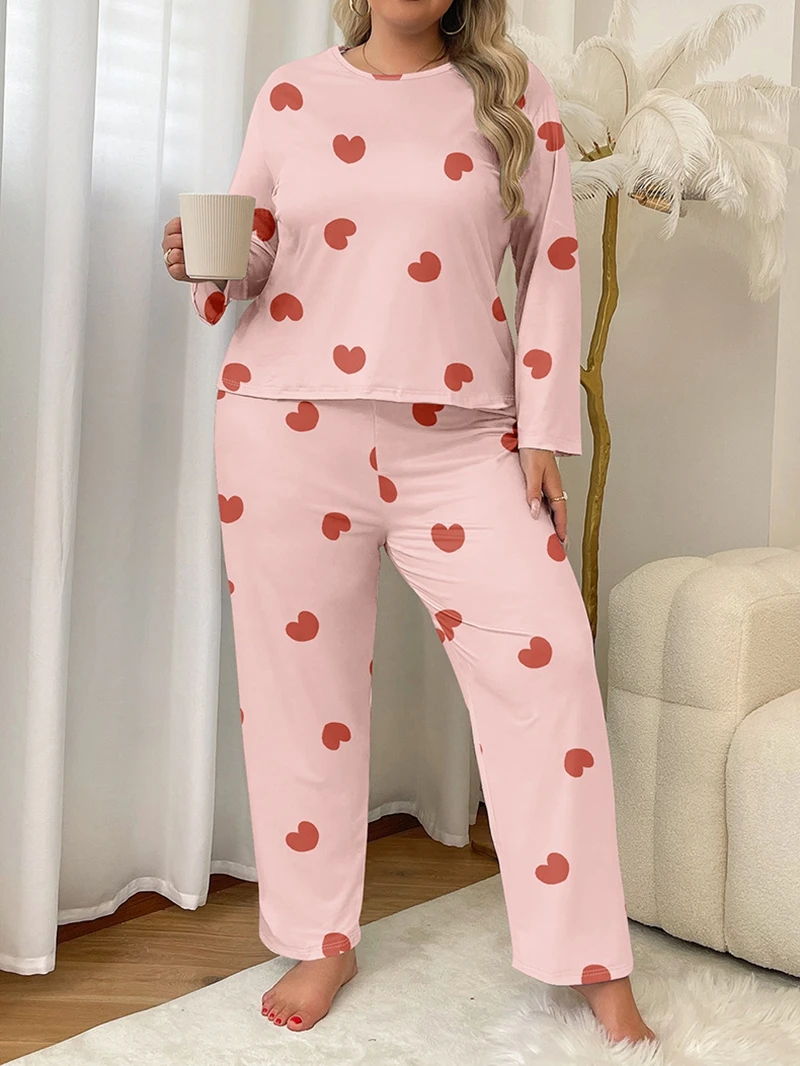 

Плюс размер с принтом сердца, 2 шт., пижамы, атласный топ с длинными рукавами и брюки, мягкая дышащая ткань, женская осенняя одежда для сна, домашняя одежда