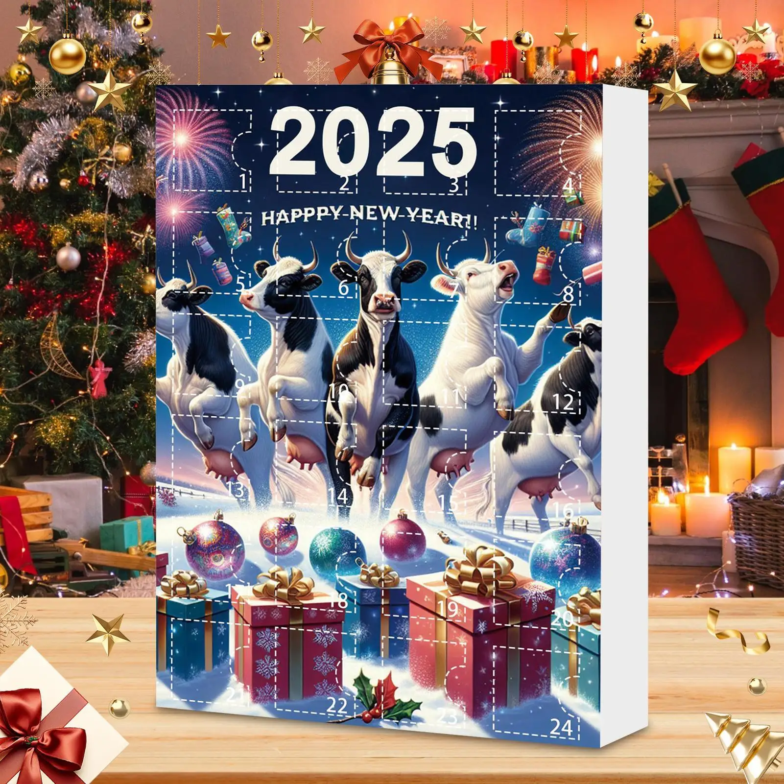 Calendario de cuenta regresiva para niños, calendario de Navidad de Adviento de 24 vacas, adorno de dibujos animados, juguete, decoración festiva para vacaciones, árbol de aula