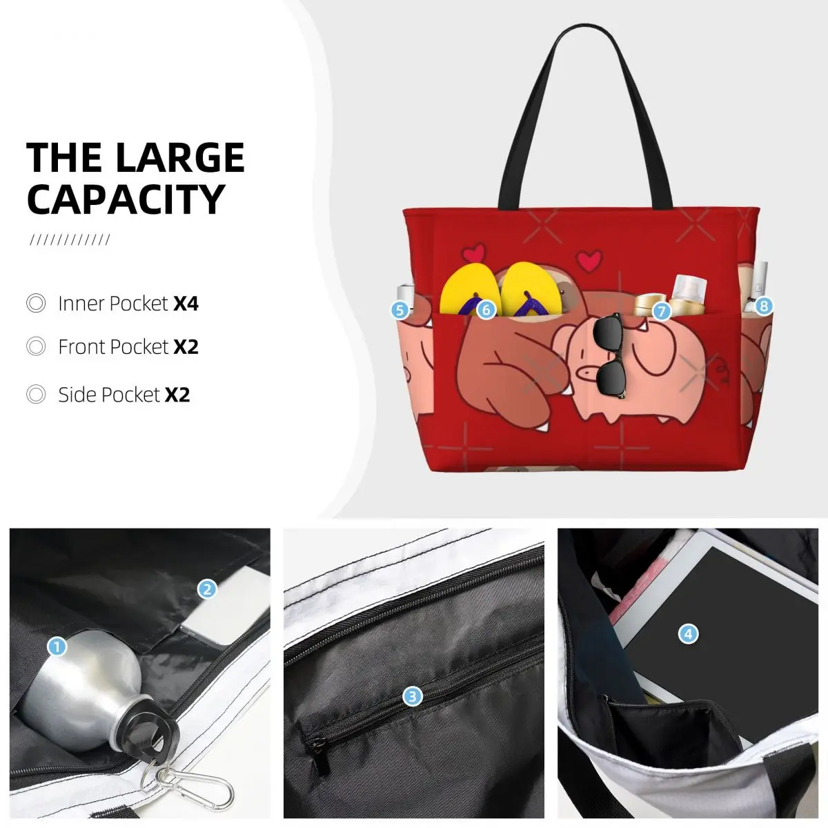 Borsa da viaggio da spiaggia Sloth Loves Pig, borsa tote per le vacanze, grande capacità, regalo di compleanno, modello multi-stile