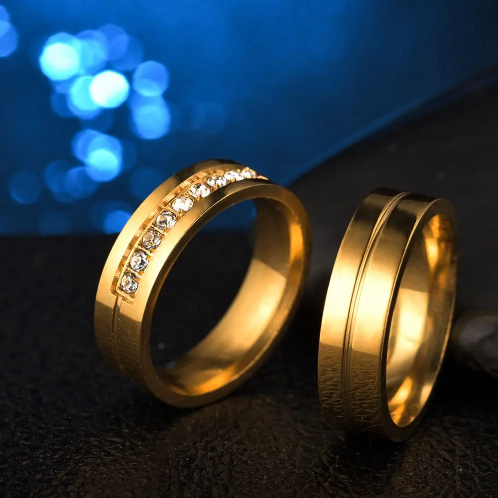 New Love Cubic Zirconia Golden Silver Stainless Steel 18K Gold Plated Wedding Band Ring Couples Ring