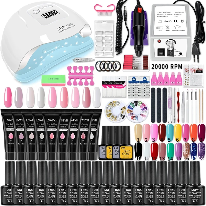 Conjunto de gel para unhas, kit de unhas acrílicas com secador de lâmpada led, conjunto de verniz semipermanente, kit profissional de ferramentas para arte em unhas, conjunto de manicure