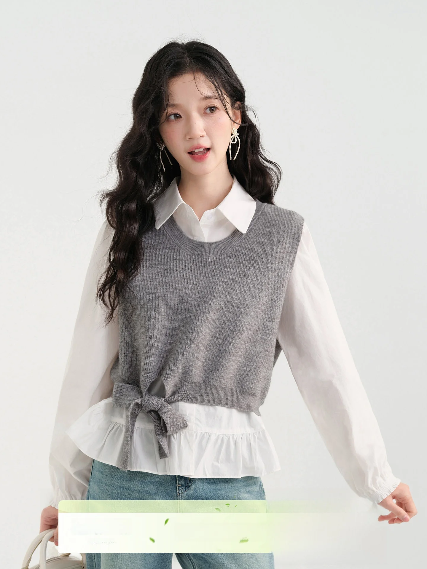 

Miu Style Women's Knitted Shirt And Vest Set with Lace Trim Casual Loose Fit Long Sleeve Cotton Spring Fashion