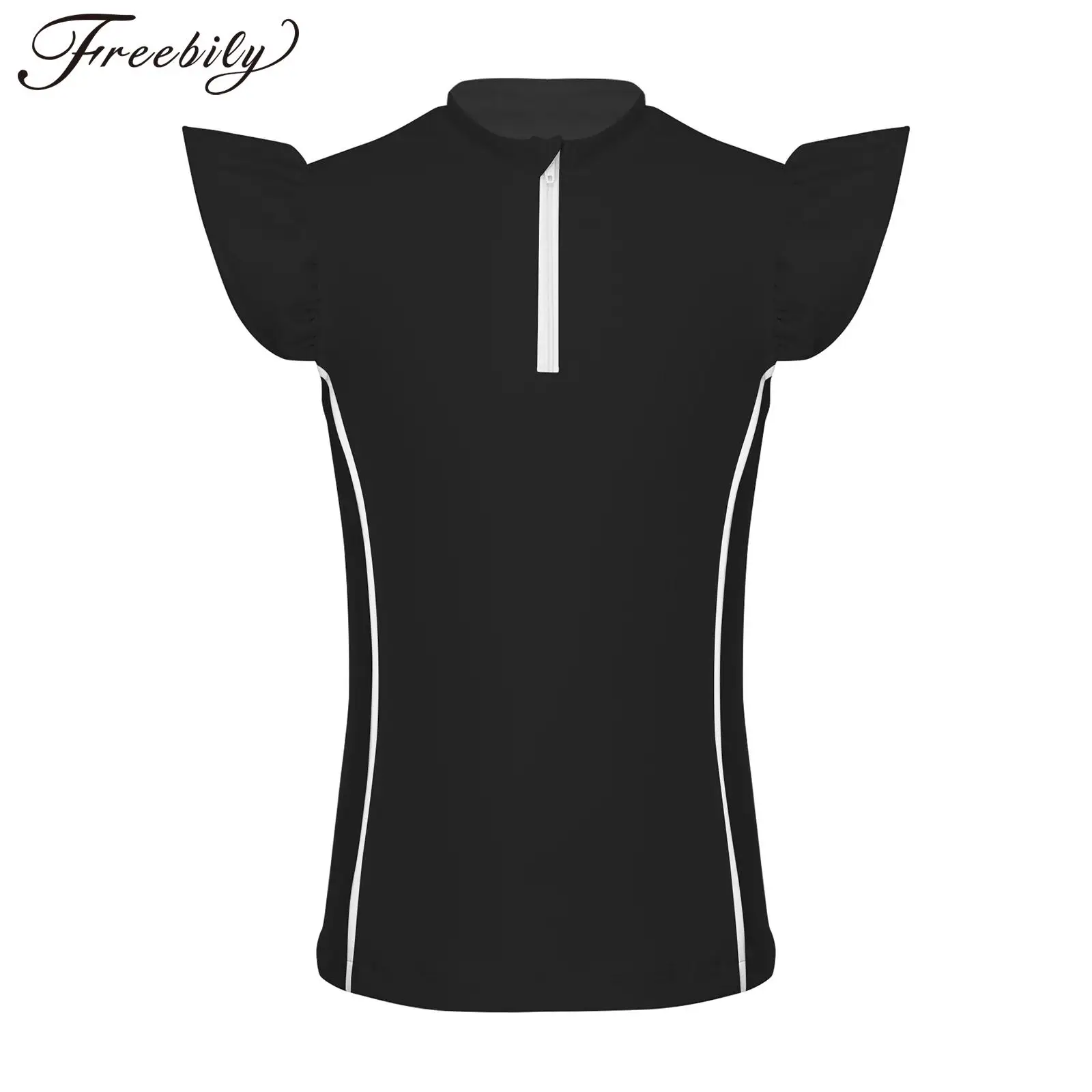 Kids Girls Horse Riding Tops Ruffled Sleeves Equestrian T-shirt Zip-up Contrasting Trim Tees Quick Dry Sports Shirts