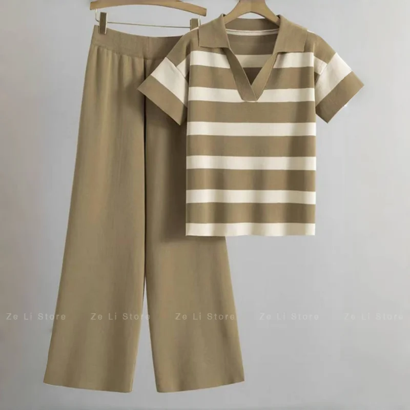 

2026 Summer New Korean Style Short-sleeve Striped Knit Top and High-waisted Wide-leg Pants Two-piece Set