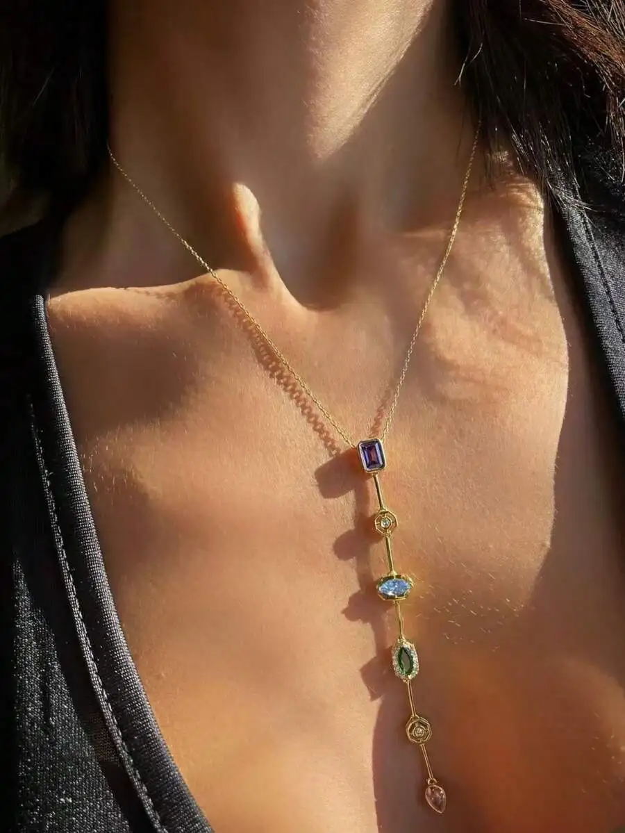 

Colorful Zirconia Long Pendant Necklace For Women Everyday Wear