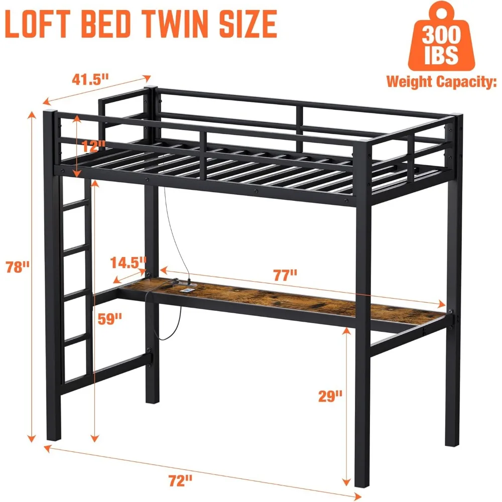 Letto singolo in metallo con scrivania, struttura letto a soppalco in metallo con presa di corrente USB e strisce luminose a LED per bambini e adolescenti, nero