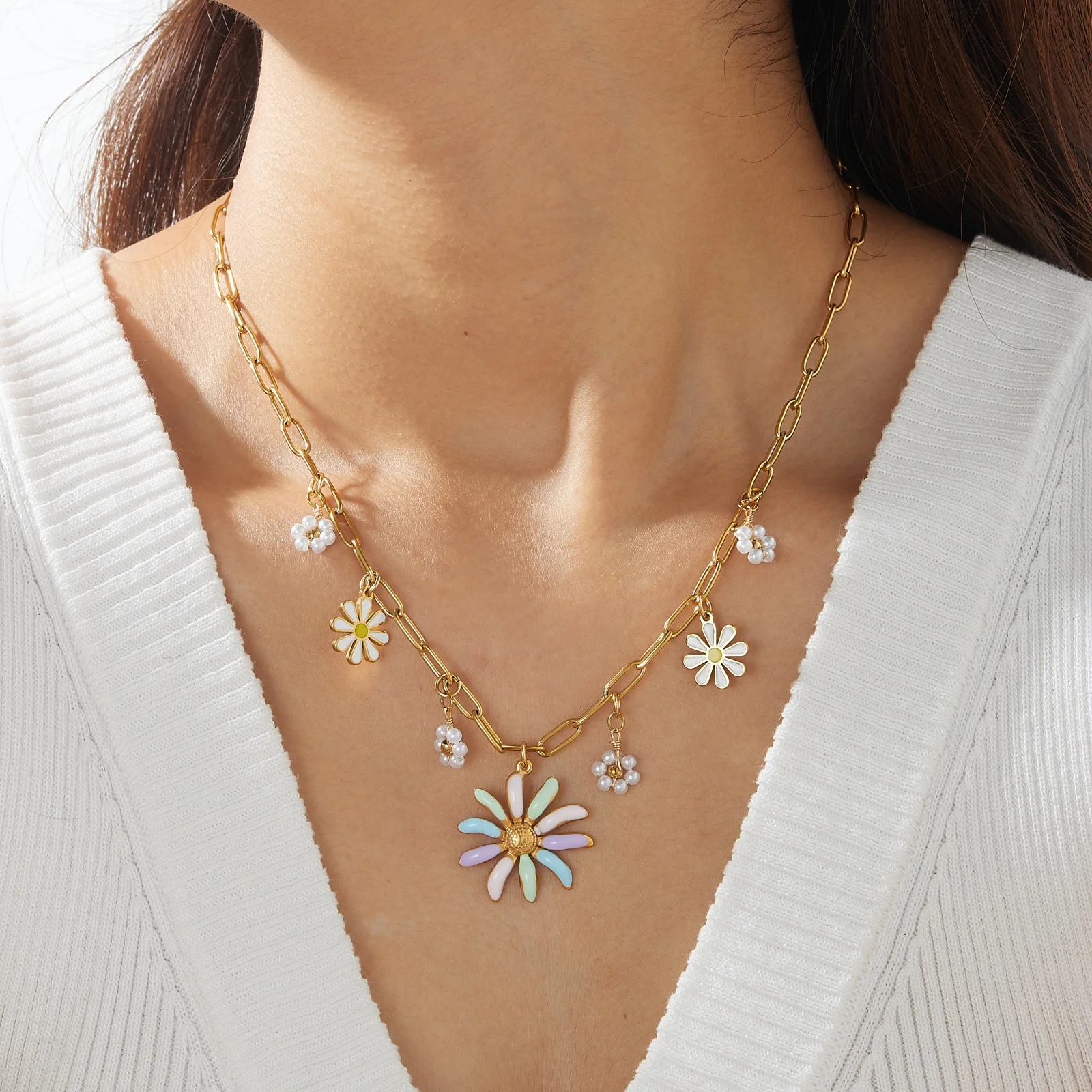 Stainless Steel Colored Enamel Daisy Imitation Pearl Flower Cluster Necklace For Women Sweet Floral Jewelry Gift