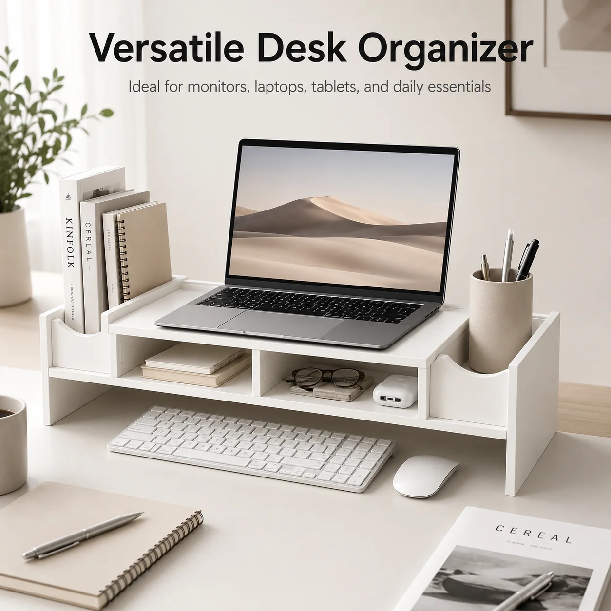 White Monitor Stand Riser with Storage Cubbies, Computer Desk Organizer for Home Office Desktop