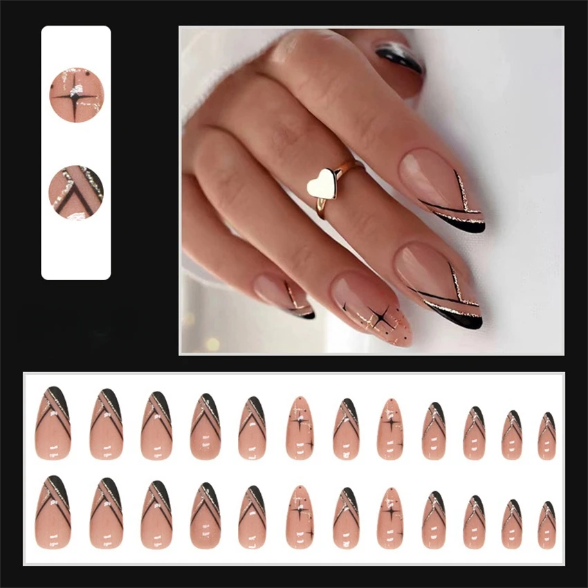 24Pcs/Set Winter Style Mysterious Black Slant Line Wearing False Nails French Almond Press on Nail Glitter Star Fake Nail Tips