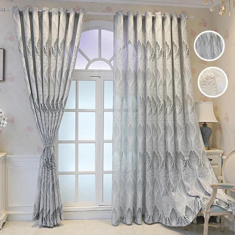 Gray Hollow Leaves Opaque Bedroom Tulle Curtains Modern White Tulle For Windows Curtains For Living Room Decoration Sheer Drapes