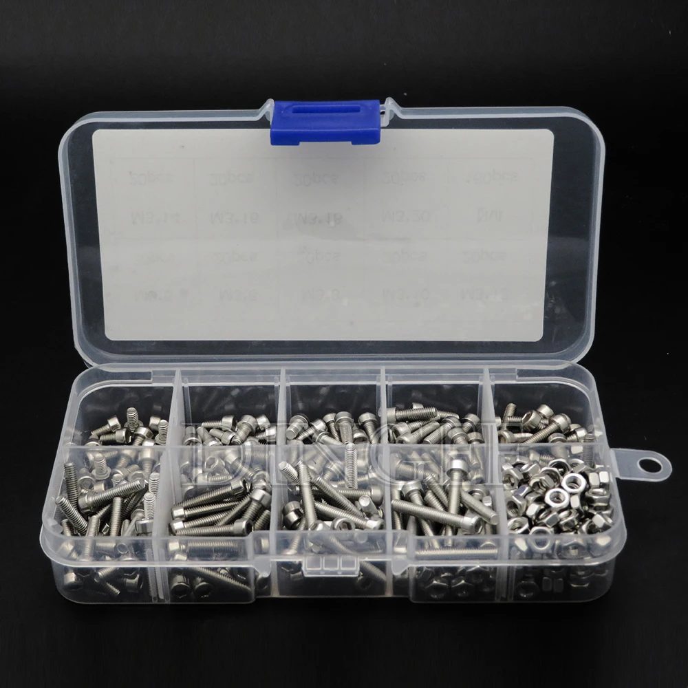 

340PCS M3 M3x5 M3x6 M3x8 M3x10 M3x12 M3x14 M3x16 M3x20 Stainless Hex Socket Button Head Screws Allen bolt Nut Assortment Kit