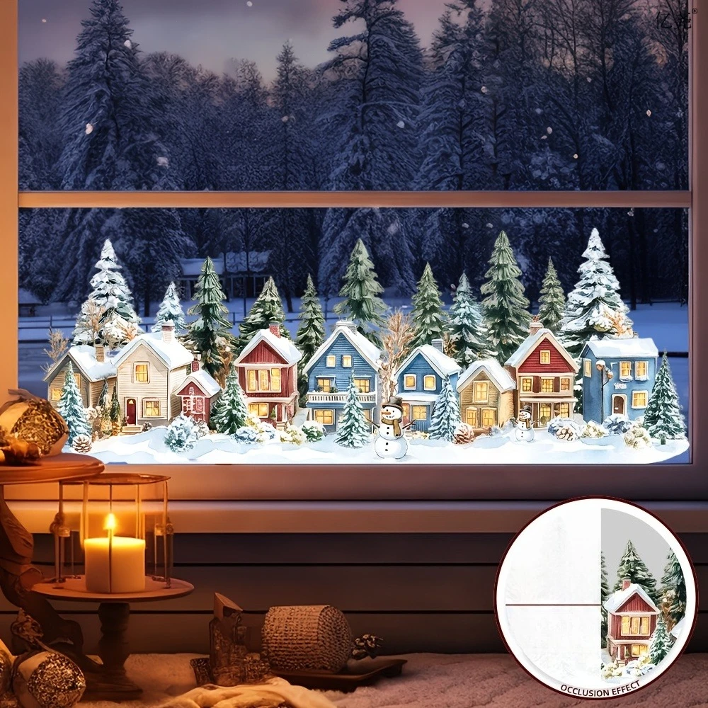 2D Winter Snowy Town Flat Glass Sticker, Christmas Atmosphere Village Element Static Window Cling, Transparent Decorative Decal