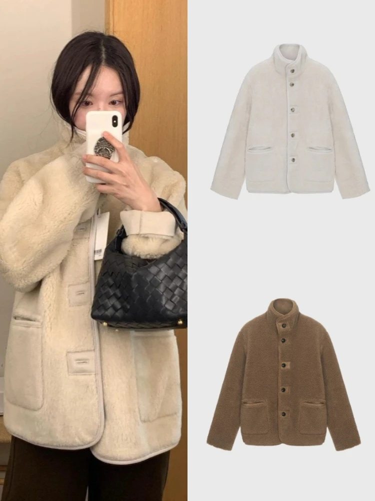 

Mooha Dongda Gate Lamb Fur Jaet Women's Simple Sle Loose Fur Leather Inteated Stand Collar Warmth Long Sve Coat