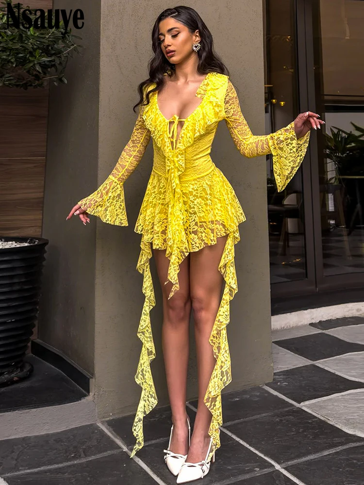 فستان قصير أنيق مكشكش وأكمام طويلة من Nsauye فستان نسائي صيفي شفاف مثير للنوادي الليلية والحفلات المسائية فستان منخفض القطع