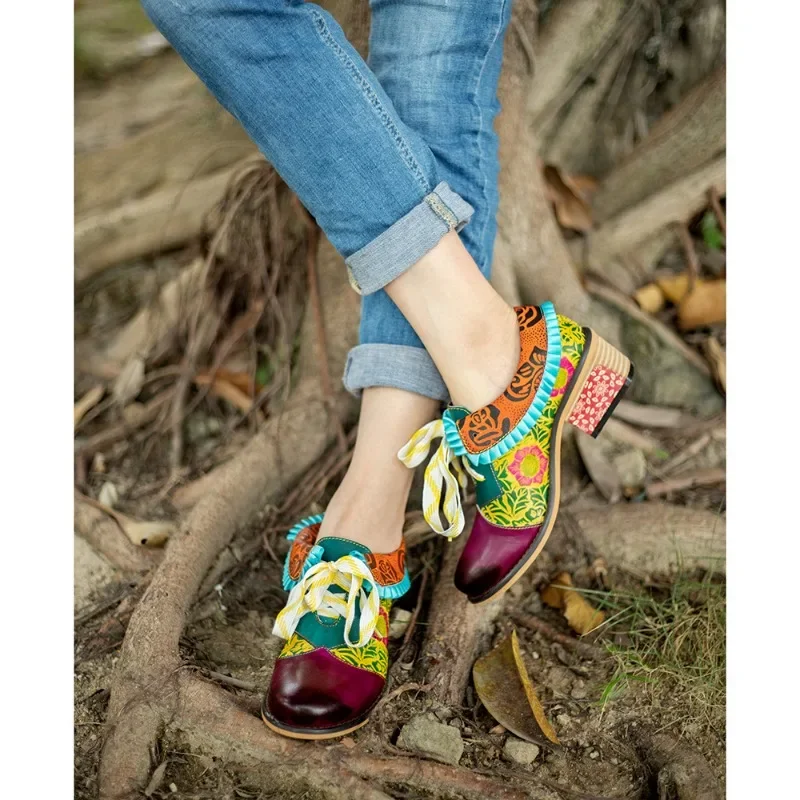 2024 New 3CM Genuine Leather Ethnic Spring Aurumn Women's Plus Size Pumps Print Blace Up Luxury Elegant Females Moccasins Shoes