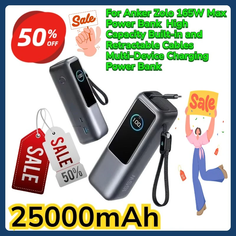 For Anker Zolo 165W Max Power Bank 25000mAh High Capacity Built-in and Retractable Cables Multi-Device Charging Power Bank