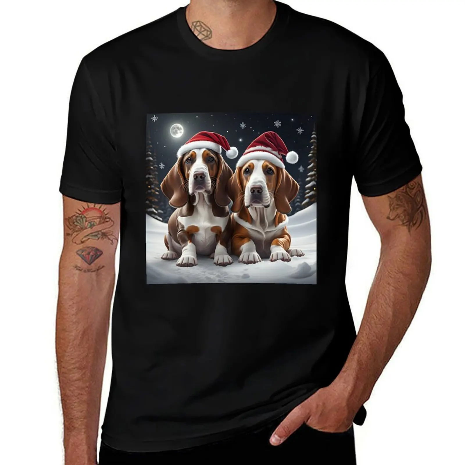 Basset hound dogs in a Winter Wonderland T-Shirt Daily Wear Plain Short Sleeve Shirt T-Shirt