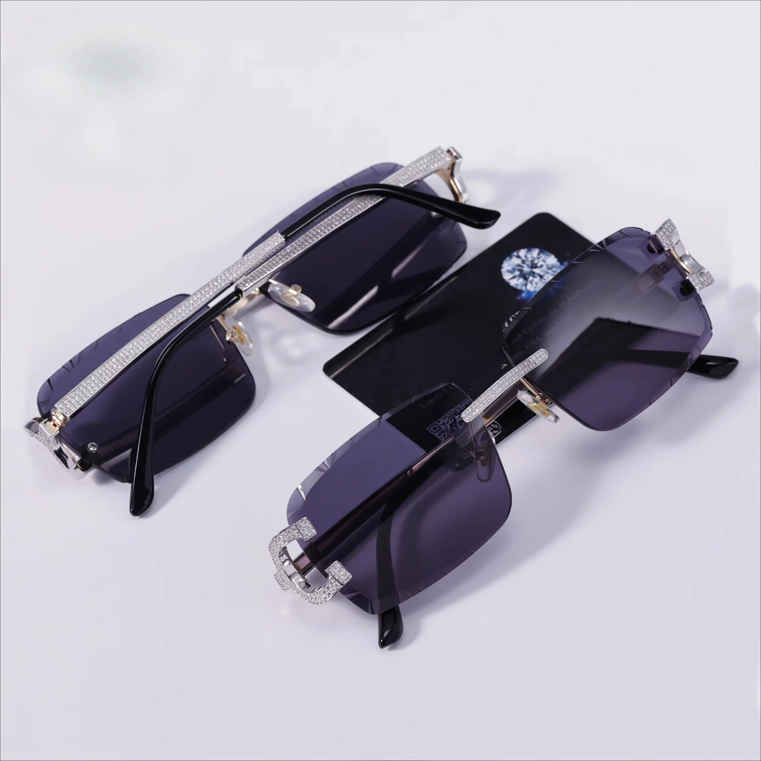 Fashion Summer Accessory Rimless Ice Crystal Moissanite Sunglasses Rectangular Frame 925 Silver VVS Moissanite Glasses Unisex