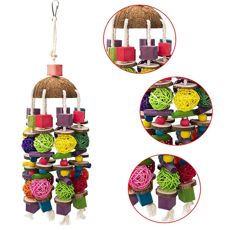 

Large Parrot Chewing Toy-Natural Wooden Blocks Rattan Ball Tearing Toy Bird Cage Bite Toy For Parrot Pet