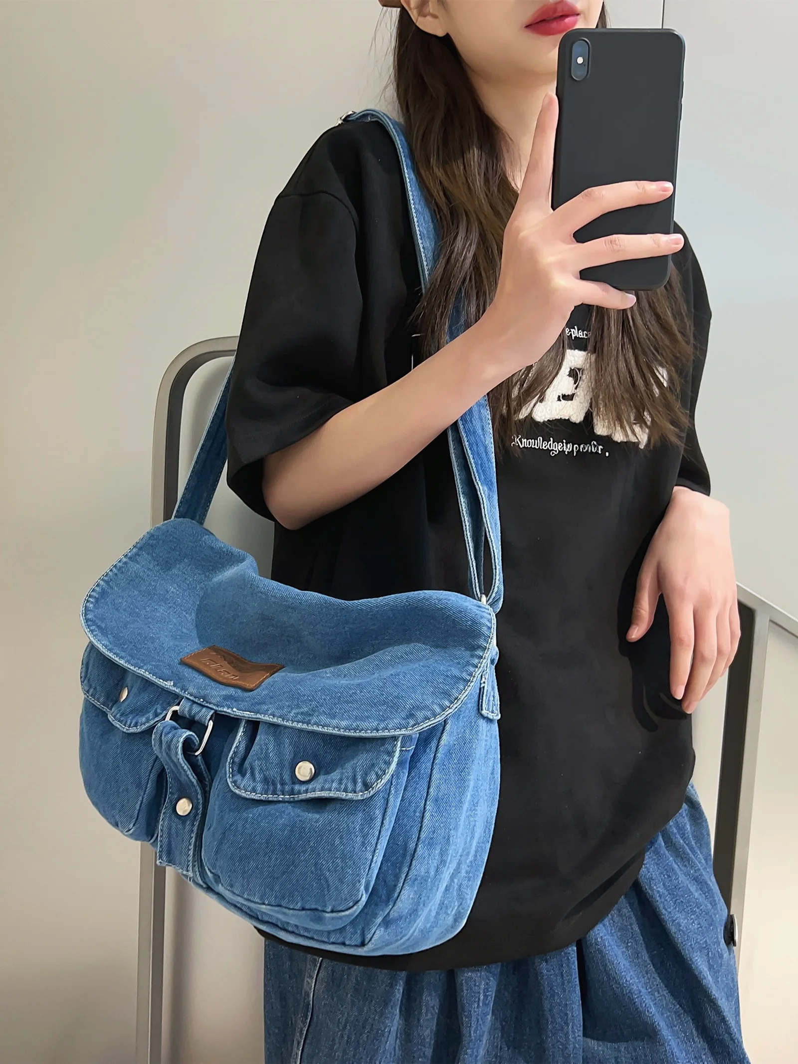 

ex Retro Denim Canvas Menger Bag Large Capaci Crossbody oulder Bag for Men And Women Casual Sle Zipper Closure