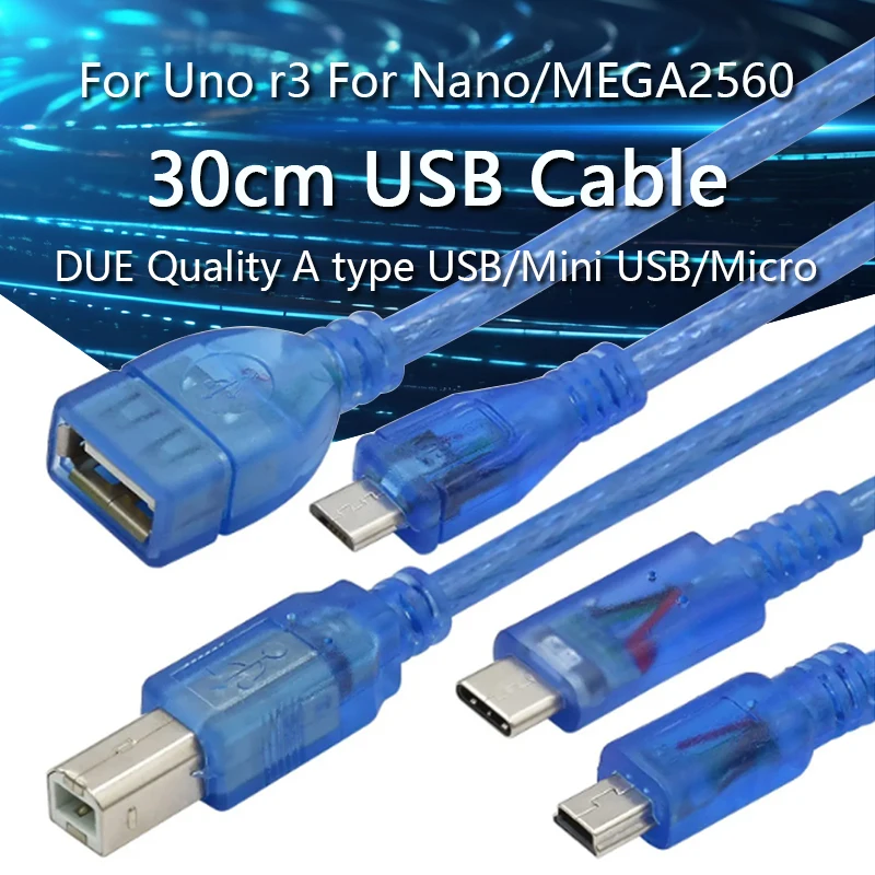 30cm USB Cable For Uno r3 For Nano/MEGA 2560/Leonardo/Pro micro/DUE Blue  Quality A type USB/Mini USB/Micro USB 0.3m for Arduino