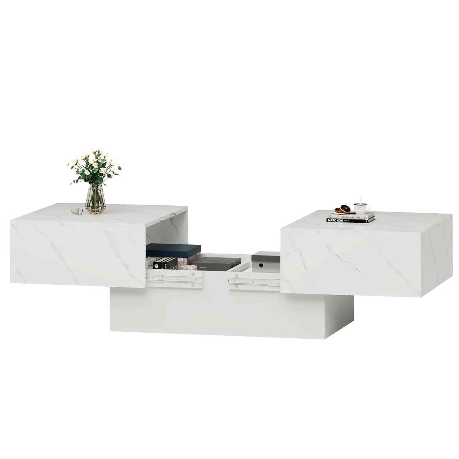 طاولة قهوة من الرخام الأبيض مع مساحة تخزين كبيرة، طاولة مركزية للمزرعة لغرفة المعيشة Mesas De Centro para Salas Modernas Nesting