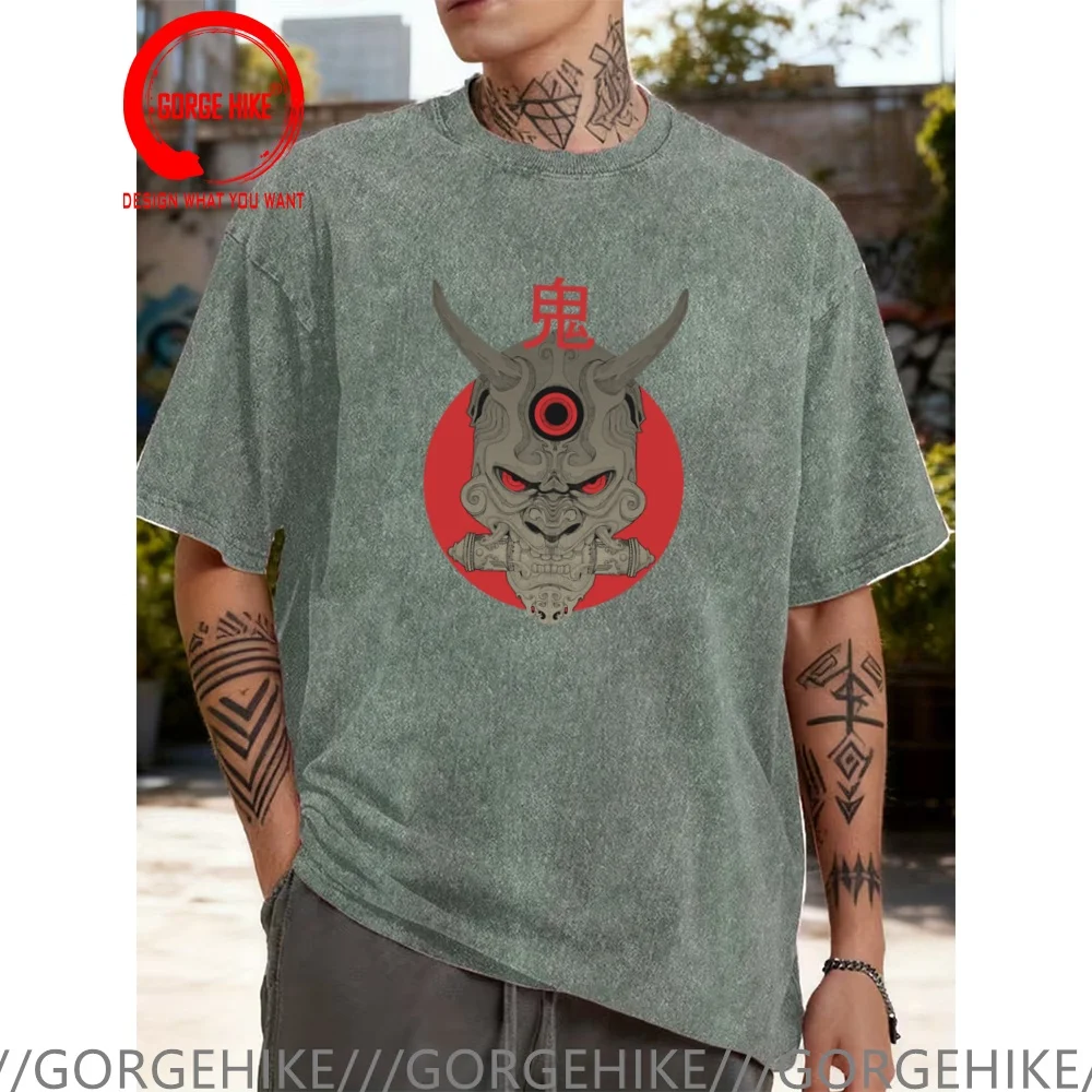 Vintage Washed Cotton T-Shirt Funny Designer Japanese Oni Samurai T Shirt Men Fashion Trendy Casual Clothing Stylish Tops Tees