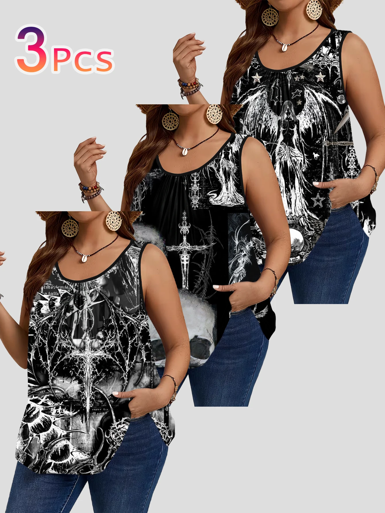 3-Piece Set of Plus-Size Women's Gothic Angel Cross Skull Thorn Art Print Tank Tops, Round Neck Loose Sleeveless Tops