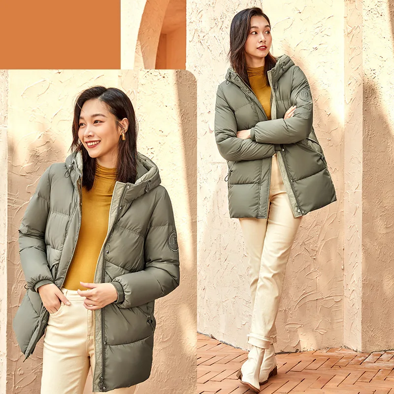 Chericom Chaqueta de plumón de pato de invierno para mujer, chaqueta acolchada gruesa con capucha de longitud media, abrigos acolchados finos y versátiles para ir al trabajo 279131