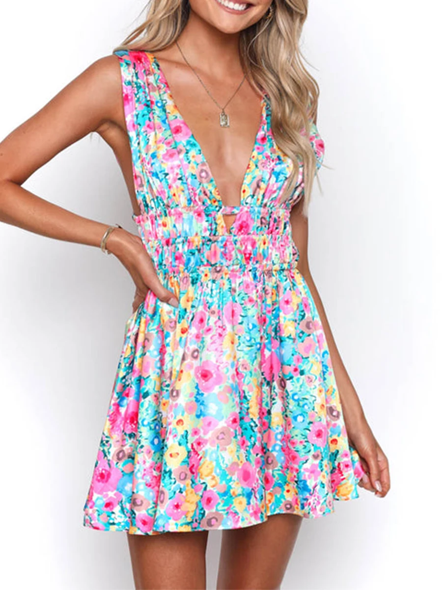 New Backless Sexy Women Mini Dress Sleeveless V Neck Backless Flower Print Summer Club Party Dress Sundress Streetwear S M L