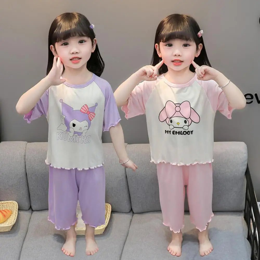 

Sanrio Kuromi My Melody Girl Short Sleeve Pajamas Set Summer Child Baby Home Clothing Cartoon Air Conditioning Suit Sleepwear