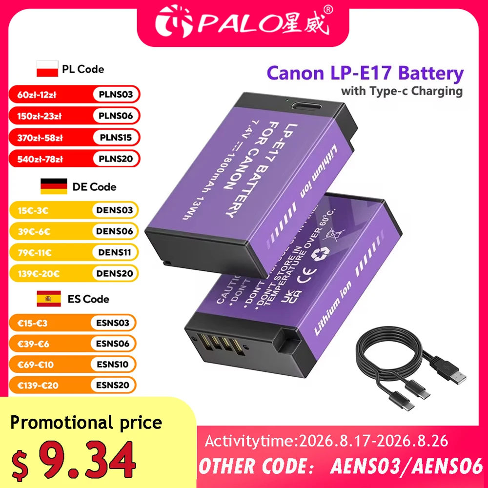 PALO LP E17 LP-E17 Akku mit Typ-C-Eingang für Canon SL2 SL3 RP200 250D M3 M5 M6 750D 760D T6i T6s 800D 8000D 77D Kiss X8i