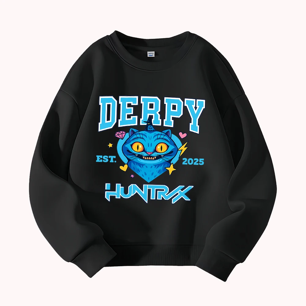 Derpy Huntrex Cat البلوز للنساء الرجال لطيف الكرتون الجرافيك كنزة قطيفة 2025 العصرية الشارع الشهير موضة عادية للجنسين