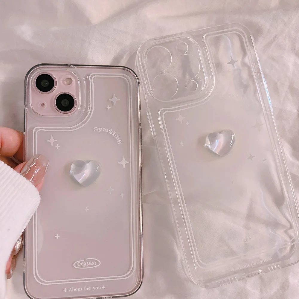 Funda de teléfono transparente con forma de corazón de amor de cristal 3D para iPhone 16 15 14 Plus 13 12 Mini 11 Pro Max XS XR X 7 8 Plus cubierta a prueba de golpes