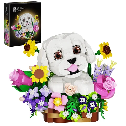 Dogs Bouquet Succulent Building Blocks Set Home Decoration Desktop Ornament Artificial Flower Bonsai Christmas Gift Teens Adults