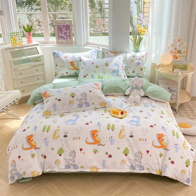 Funny Dinosaur Duvet Cover Set 100% Cotton Bedding Cartoon Dino Cute Dinosaurs Comforter Covers for Kids Girls Boys Home Decor