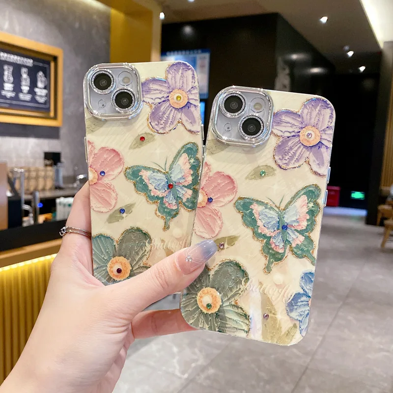 for iPhone 15 glitter flowers and butterfly 12ProMax case 14 all-in-one flower butterfly 12ProMax case 14 all-in-one lens wrap